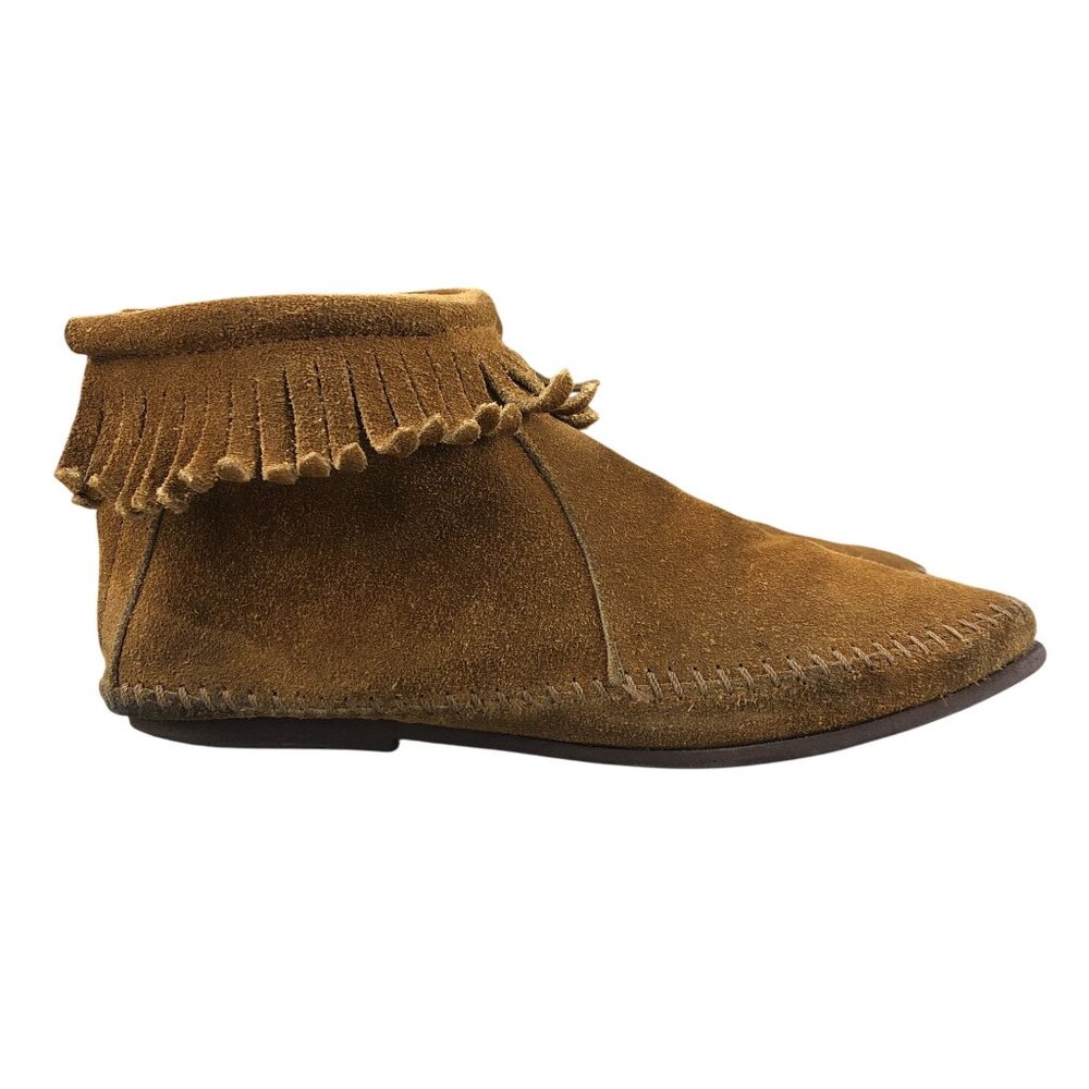 Minnetonka Women's Size 6 Brown Suede Fringe Back Zip Ankle Moccasin Boots FAIR